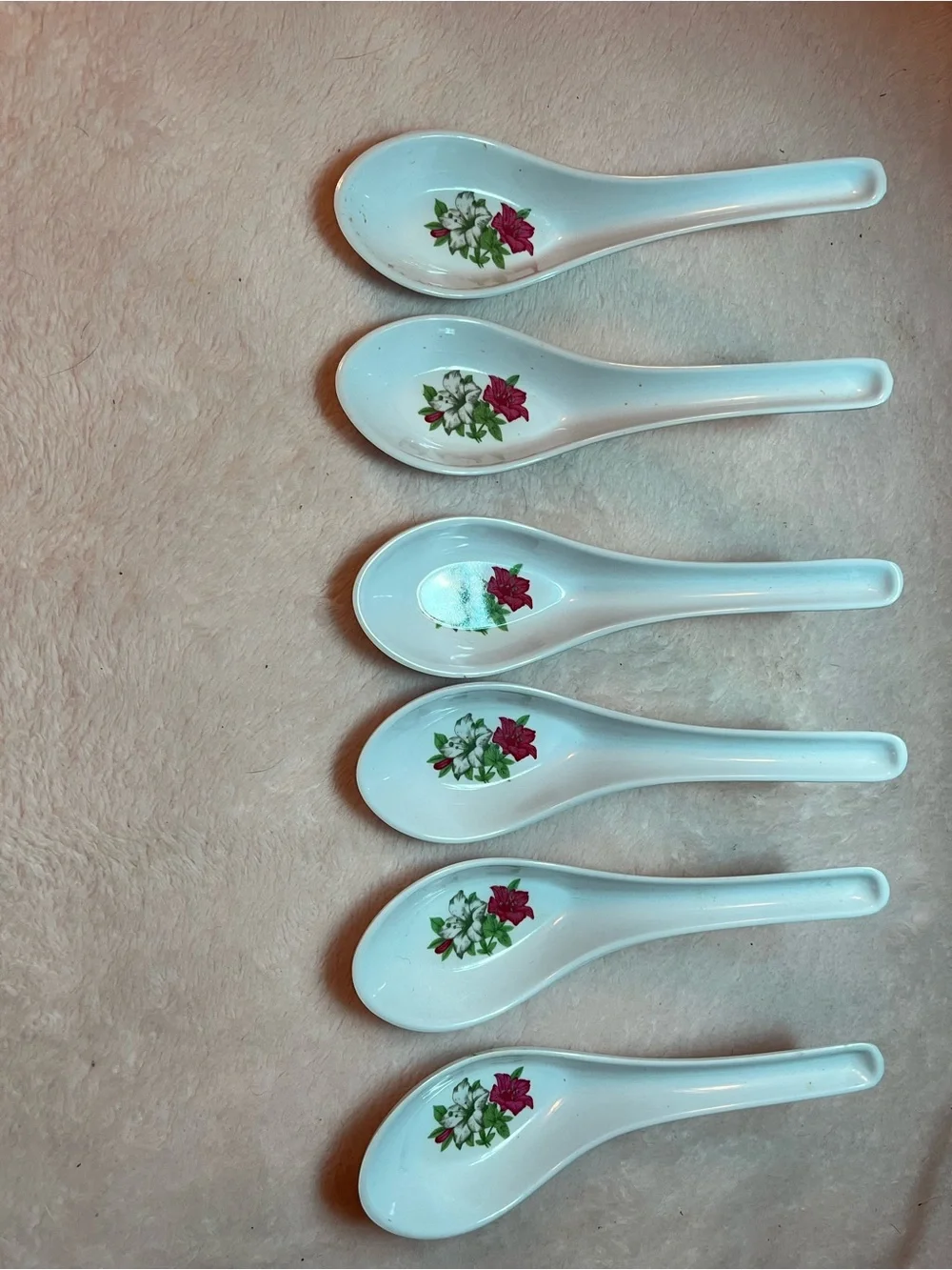 White Melamine Asian Soup Spoons with Pink Floral Accent - Set of 6
